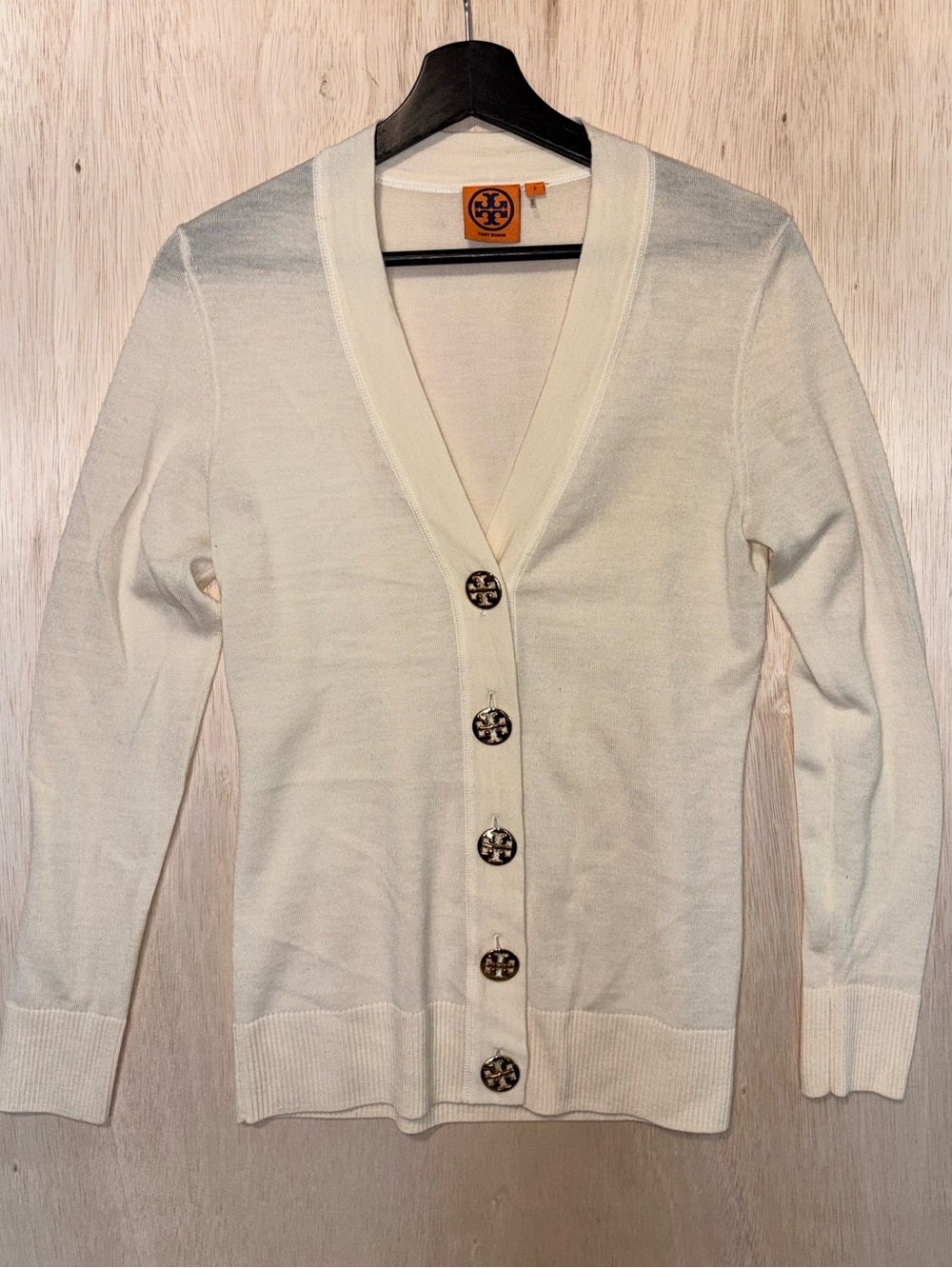 Tory Burch Ivory V-Neck Logo Button Cardigan